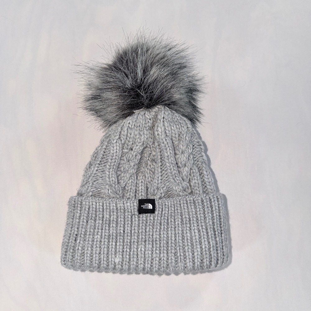 The North Face Beanie Kids One Size Grey Cable Knit Faux Fur Pom Pom Hat